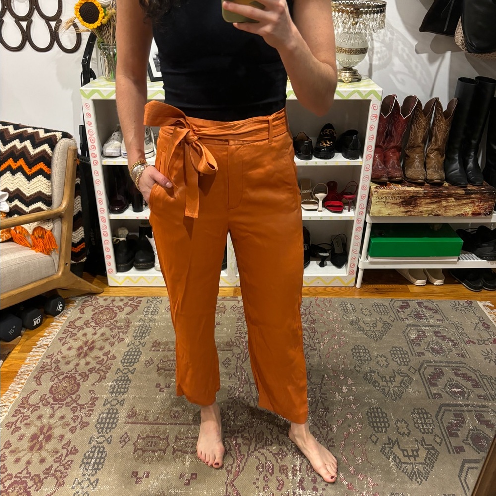 Aritzia orange satin crop trousers with belt